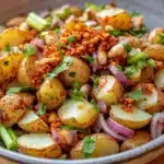 Crispy potato salad with creamy chili crunch dressing - the image is a close-up of a bowl of food. the bowl is made of ceramic and is placed on a wooden table. the food appears to be a salad with potatoes, red onions, and green onions. the potatoes are cut into small cubes and are arranged in a pile. the red onions are sliced into thin strips and are scattered throughout the salad. there are also some chopped herbs and spices mixed in with the potatoes. the dish is garnished with a sprig of cilantro. the overall color palette of the dish is warm and inviting.