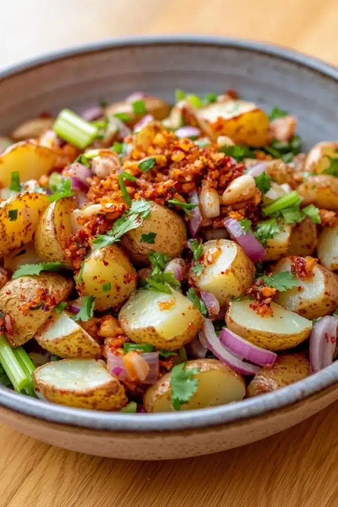 Crispy potato salad with creamy chili crunch dressing - the image is a close-up of a bowl of food. the bowl is made of ceramic and is placed on a wooden table. the food appears to be a salad with potatoes, red onions, and green onions. the potatoes are cut into small cubes and are arranged in a pile. the red onions are sliced into thin strips and are scattered throughout the salad. there are also some chopped herbs and spices mixed in with the potatoes. the dish is garnished with a sprig of cilantro. the overall color palette of the dish is warm and inviting.