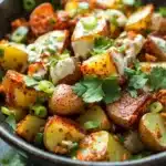 Crispy potato salad with creamy chili crunch dressing - the image is a close-up of a dish in a black bowl. the dish appears to be a potato salad with chunks of potatoes, carrots, and green onions mixed in. the potatoes are golden brown and crispy on the outside, and the carrots are bright orange. the green onions are scattered throughout the dish, adding a pop of color and texture. there is also a dollop of sour cream on top, which is drizzled over the potatoes. the bowl is garnished with a sprig of fresh cilantro. the background is a dark wooden table, and there are a few sprigs of parsley scattered around the bowl.