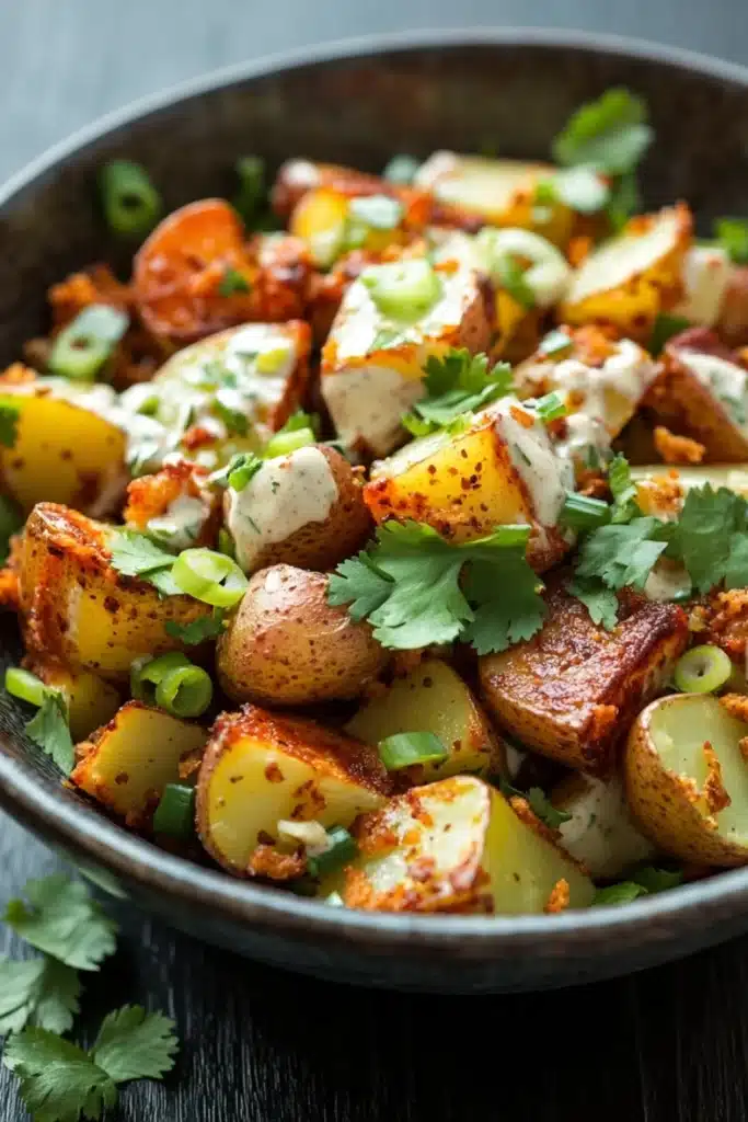 Crispy potato salad with creamy chili crunch dressing - the image is a close-up of a dish in a black bowl. the dish appears to be a potato salad with chunks of potatoes, carrots, and green onions mixed in. the potatoes are golden brown and crispy on the outside, and the carrots are bright orange. the green onions are scattered throughout the dish, adding a pop of color and texture. there is also a dollop of sour cream on top, which is drizzled over the potatoes. the bowl is garnished with a sprig of fresh cilantro. the background is a dark wooden table, and there are a few sprigs of parsley scattered around the bowl.