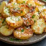 Crispy salt and vinegar smashed potatoes half baked harvest - the image shows a plate of roasted potatoes. the potatoes are golden brown and appear to be seasoned with herbs and spices. they are arranged in a circular pattern on the plate, with some overlapping each other. the dish is garnished with chopped parsley and sprinkled with grated parmesan cheese. the plate is sitting on a dark grey countertop, and there is a white cloth napkin in the background.