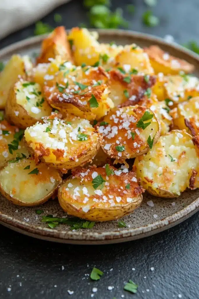 Crispy salt and vinegar smashed potatoes half baked harvest - the image shows a plate of roasted potatoes. the potatoes are golden brown and appear to be seasoned with herbs and spices. they are arranged in a circular pattern on the plate, with some overlapping each other. the dish is garnished with chopped parsley and sprinkled with grated parmesan cheese. the plate is sitting on a dark grey countertop, and there is a white cloth napkin in the background.