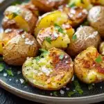 Crispy salt and vinegar smashed potatoes half baked harvest - the image shows a plate of roasted potatoes. the potatoes are golden brown and appear to be seasoned with herbs and spices. they are arranged in a circular pattern on the plate, with some overlapping each other. the plate is black and has a textured surface. there are a few sprigs of parsley scattered around the plate. the background is blurred, but it appears to be a kitchen countertop.
