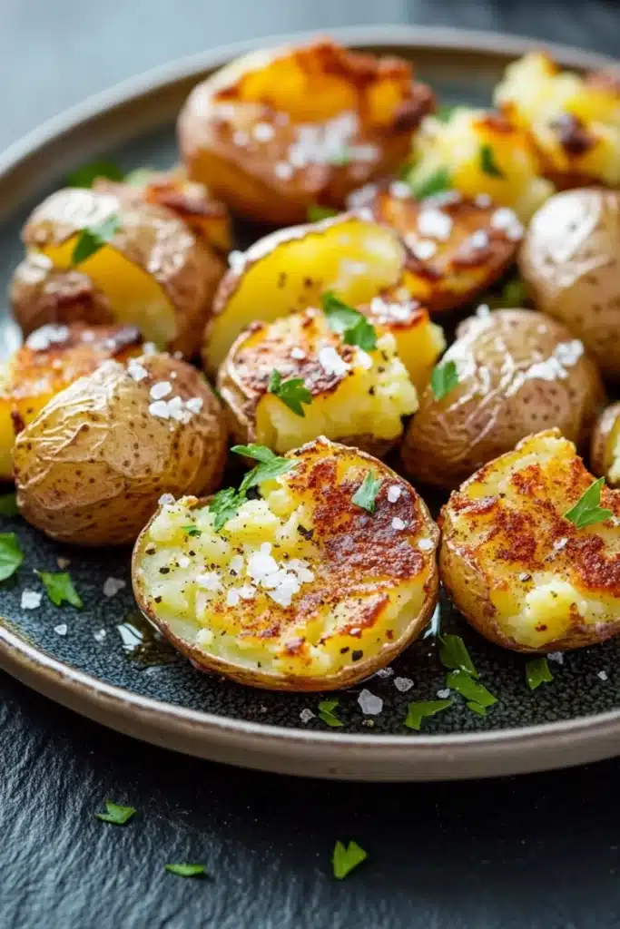 Crispy salt and vinegar smashed potatoes half baked harvest - the image shows a plate of roasted potatoes. the potatoes are golden brown and appear to be seasoned with herbs and spices. they are arranged in a circular pattern on the plate, with some overlapping each other. the plate is black and has a textured surface. there are a few sprigs of parsley scattered around the plate. the background is blurred, but it appears to be a kitchen countertop.