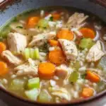 Crock pot chicken rice soup - the image is a close-up of a bowl of soup. the soup appears to be a creamy white color with chunks of chicken, carrots, celery, and other vegetables mixed in. the bowl is made of ceramic and has a brown rim. the broth is thick and thick, and the vegetables are bright orange and green. there are also some herbs sprinkled on top of the soup, adding a pop of color to the dish. the background is a white wooden table.