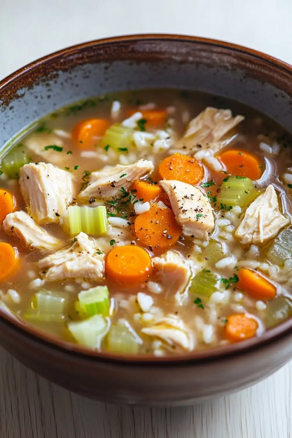 Crock pot chicken rice soup - the image is a close-up of a bowl of soup. the soup appears to be a creamy white color with chunks of chicken, carrots, celery, and other vegetables mixed in. the bowl is made of ceramic and has a brown rim. the broth is thick and thick, and the vegetables are bright orange and green. there are also some herbs sprinkled on top of the soup, adding a pop of color to the dish. the background is a white wooden table.