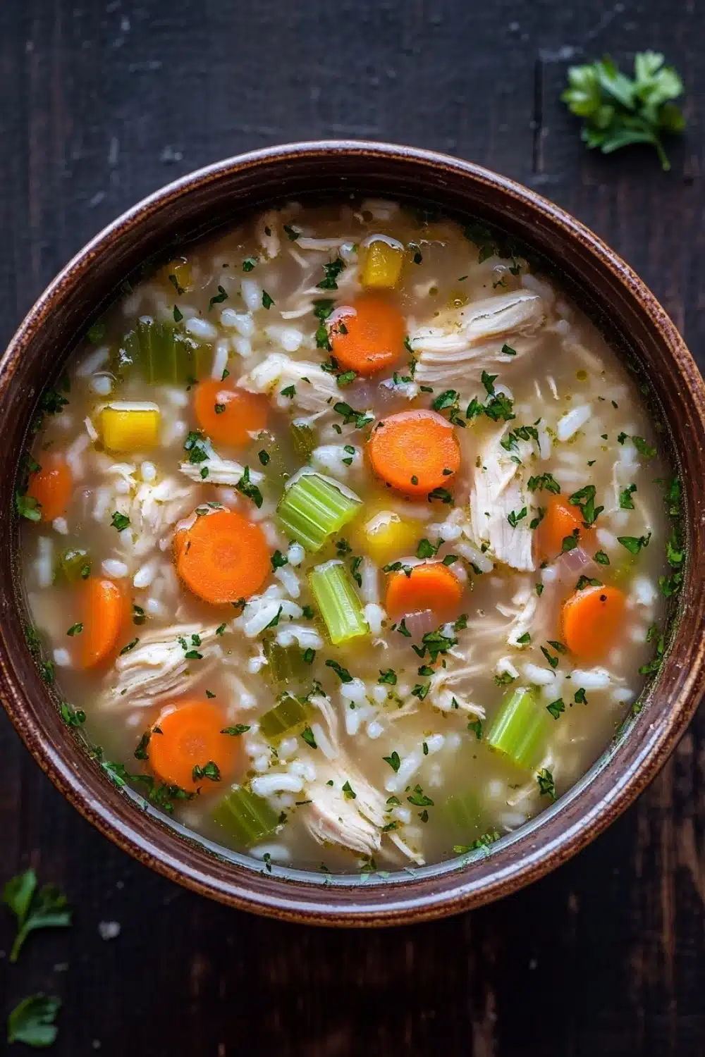 Crock pot chicken rice soup - the image is a close-up of a bowl of soup. the soup appears to be a creamy white color with chunks of chicken, carrots, celery, and other vegetables mixed in. the bowl is made of ceramic and is sitting on a dark wooden surface. there are a few sprigs of parsley scattered around the bowl. the overall appearance of the soup is fresh and appetizing.