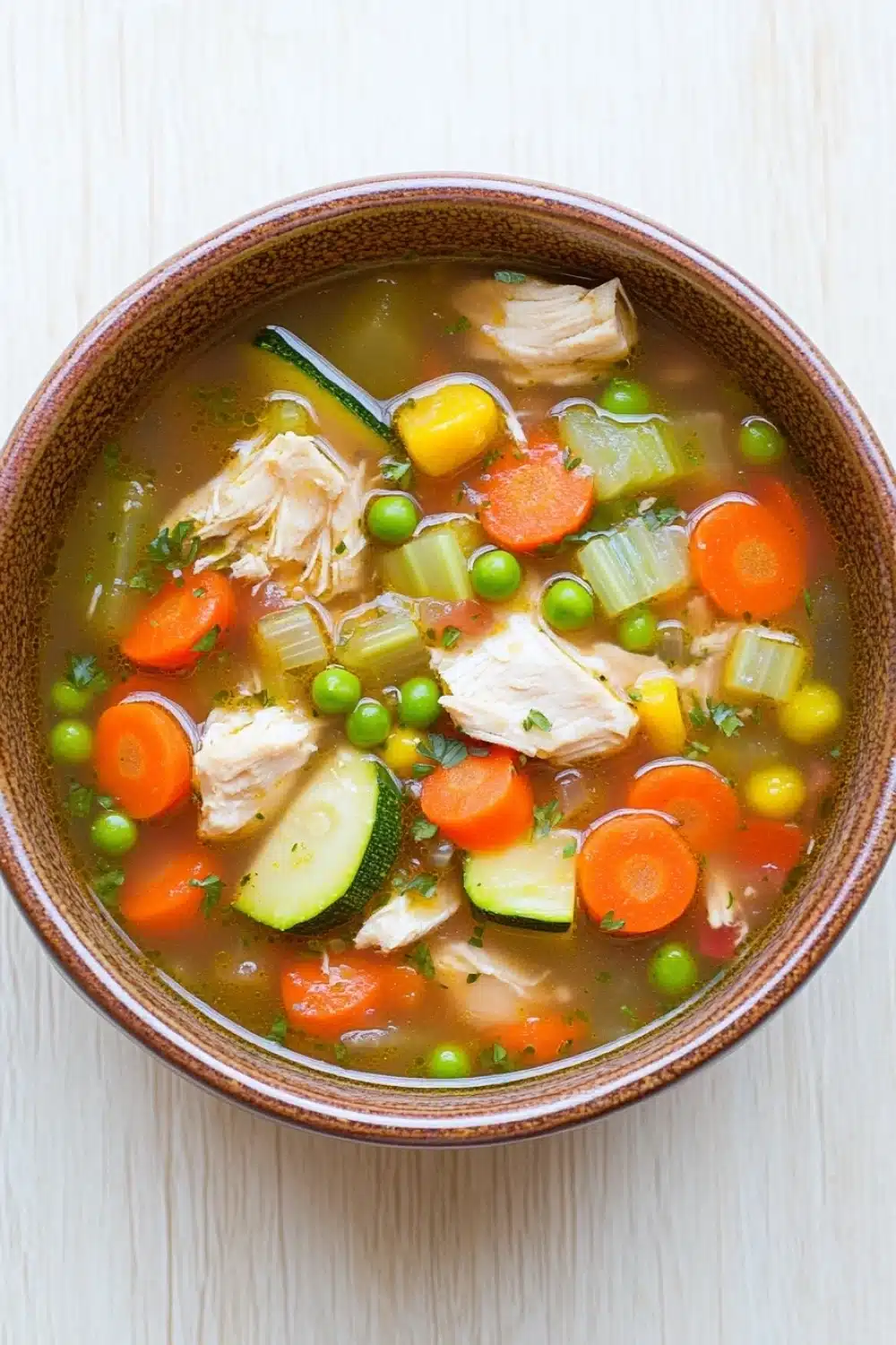 Crock pot chicken vegetable soup - the image is a close-up of a bowl of soup. the soup appears to be a vegetable soup with chunks of chicken, carrots, zucchini, peas, and other vegetables mixed in. the bowl is made of ceramic and is sitting on a white wooden surface. there is a spoon in the soup, suggesting that it is ready to be eaten. the broth is a light brown color and looks thick and creamy.