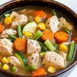 Crock pot chicken vegetable soup - the image is a close-up of a bowl of soup. the soup appears to be a vegetable soup with chunks of chicken, carrots, celery, corn, and other vegetables mixed in. the broth is a light brown color and looks thick and creamy. the bowl is made of ceramic and has a dark brown rim. the background is white, making the colors of the soup stand out.