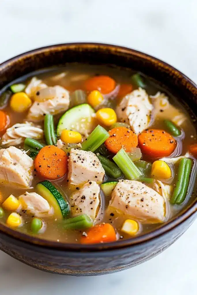 Crock pot chicken vegetable soup - the image is a close-up of a bowl of soup. the soup appears to be a vegetable soup with chunks of chicken, carrots, celery, corn, and other vegetables mixed in. the broth is a light brown color and looks thick and creamy. the bowl is made of ceramic and has a dark brown rim. the background is white, making the colors of the soup stand out.