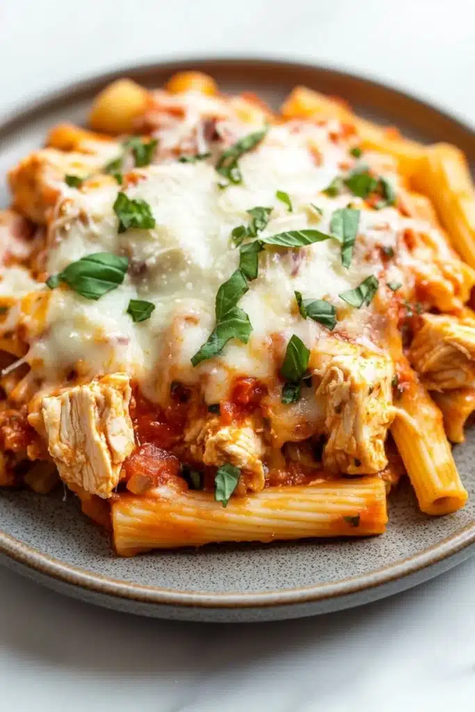 Crockpot chicken ziti slow cooker - the image shows a plate of penne pasta with chicken and tomato sauce. the pasta is cooked al dente and is topped with melted cheese and fresh basil leaves. the dish is served on a gray plate with a white marble countertop. the chicken is cooked to a golden brown color and appears to be seasoned with herbs and spices. the tomato sauce is a deep red color and is drizzled over the top of the pasta. the overall appearance of the dish is savory and appetizing.