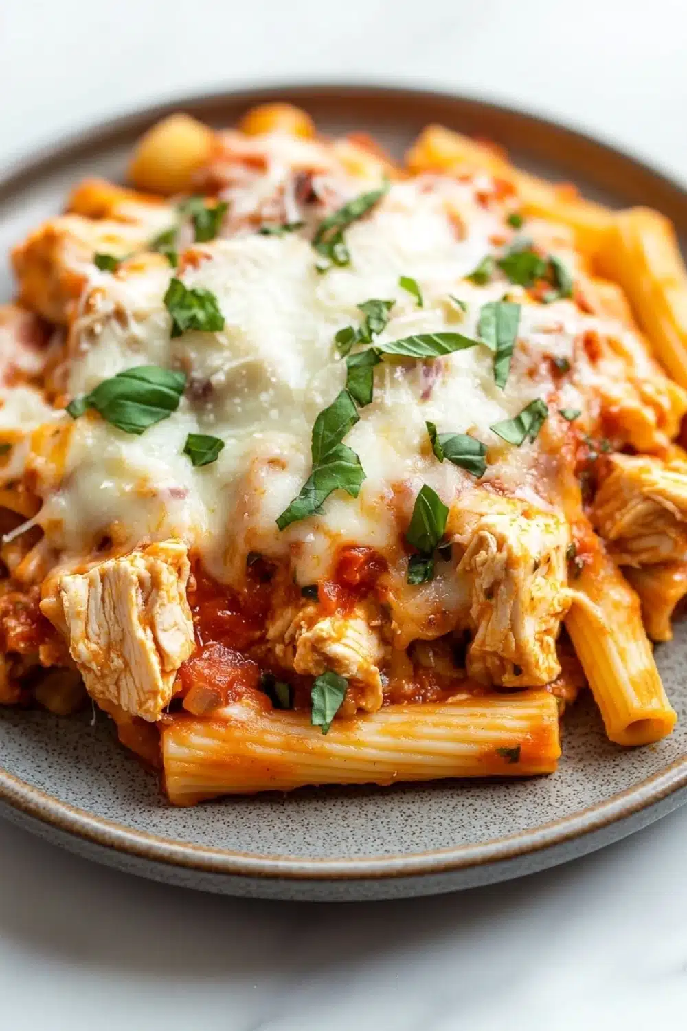Crockpot chicken ziti slow cooker - the image shows a plate of penne pasta with chicken and tomato sauce. the pasta is cooked al dente and is topped with melted cheese and fresh basil leaves. the dish is served on a gray plate with a white marble countertop. the chicken is cooked to a golden brown color and appears to be seasoned with herbs and spices. the tomato sauce is a deep red color and is drizzled over the top of the pasta. the overall appearance of the dish is savory and appetizing.