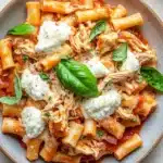 Crockpot chicken ziti slow cooker - the image shows a plate of penne pasta with chicken and tomato sauce. the pasta is cooked al dente and is topped with chunks of chicken and a dollop of mozzarella cheese. the dish is garnished with fresh basil leaves and there are a few garlic cloves scattered around the plate. the plate is sitting on a white wooden table with a gray napkin on the side. the overall color scheme of the dish is warm and inviting.