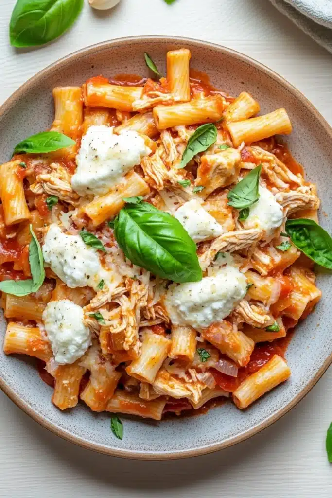 Crockpot chicken ziti slow cooker - the image shows a plate of penne pasta with chicken and tomato sauce. the pasta is cooked al dente and is topped with chunks of chicken and a dollop of mozzarella cheese. the dish is garnished with fresh basil leaves and there are a few garlic cloves scattered around the plate. the plate is sitting on a white wooden table with a gray napkin on the side. the overall color scheme of the dish is warm and inviting.