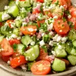 Cucumber tomato feta salad - the image is a close-up of a colorful salad in a bowl. the salad is made up of sliced tomatoes, cucumbers, red onions, and feta cheese. the tomatoes are bright red and appear to be fresh, while the cucumbers are green and the onions are red. the feta is crumbled and scattered throughout the salad. the bowl is sitting on a white tablecloth and there are a few sprigs of parsley scattered around the bowl.