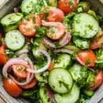 Cucumber tomato onion salad lemon - the image is a close-up of a bowl of salad. the salad is made up of sliced cucumbers, red onions, and cherry tomatoes. the cucumbers are cut into thin slices and are arranged in a circular pattern. the tomatoes are bright red and appear to be ripe and juicy. the onions are sliced into thin strips and are scattered throughout the salad, adding a pop of color to the dish. there are also some fresh herbs, possibly parsley, scattered throughout. the bowl is sitting on a wooden table with a white cloth napkin on the side.