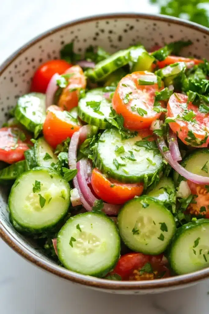 Cucumber tomato onion salad lemon - the image is a close-up of a bowl of salad. the bowl is made of ceramic and has a speckled pattern. the salad is made up of sliced cucumbers, red onions, cherry tomatoes, and chopped herbs. the cucumbers are cut into thin slices and are arranged in a circular pattern around the bowl. the tomatoes are bright red and appear to be ripe and juicy. the herbs are finely chopped and add a pop of green color to the dish. the background is blurred, but it appears to be a kitchen countertop with a sprig of parsley.
