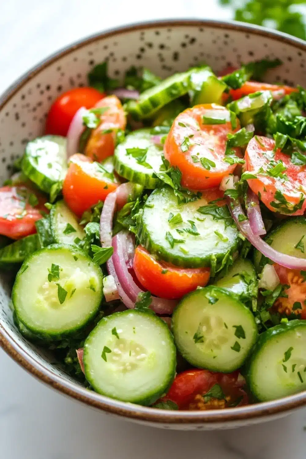 Cucumber tomato onion salad lemon - the image is a close-up of a bowl of salad. the bowl is made of ceramic and has a speckled pattern. the salad is made up of sliced cucumbers, red onions, cherry tomatoes, and chopped herbs. the cucumbers are cut into thin slices and are arranged in a circular pattern around the bowl. the tomatoes are bright red and appear to be ripe and juicy. the herbs are finely chopped and add a pop of green color to the dish. the background is blurred, but it appears to be a kitchen countertop with a sprig of parsley.