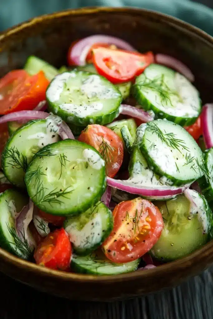 Cucumber tomato onion salad with ranch - the image is a close-up of a bowl of salad. the salad is made up of sliced cucumbers, red onions, and cherry tomatoes. the cucumbers are cut into thin slices and are arranged in a circular pattern. the red onions are sliced into thin strips and are scattered throughout the salad. there are also some dill seeds sprinkled on top. the bowl is made of dark brown ceramic and is sitting on a wooden table. the background is blurred, but it appears to be a kitchen countertop.