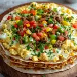 Deep dish breakfast pizza with tortillas - the image shows a stack of three flatbreads on a wooden cutting board. the flatbread is topped with scrambled eggs, diced tomatoes, diced bell peppers, and ground beef. the eggs are yellow and runny, and the toppings are arranged in a circular pattern. the toppings appear to be fresh and appetizing. in the background, there is a small bowl of chopped cilantro and a sprig of parsley. the cutting board is sitting on a white countertop.
