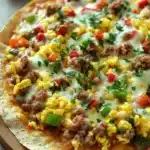 Deep dish breakfast pizza with tortillas - the image shows a flatbread pizza on a wooden cutting board. the pizza is topped with scrambled eggs, sausage, red bell peppers, and green onions. the eggs are yellow and appear to be cooked until they are soft and fluffy. the sausage is browned and appears to be seasoned with herbs and spices. the peppers are bright red and are scattered throughout the pizza. the cheese is melted and bubbly on top. the cutting board is sitting on a white countertop.