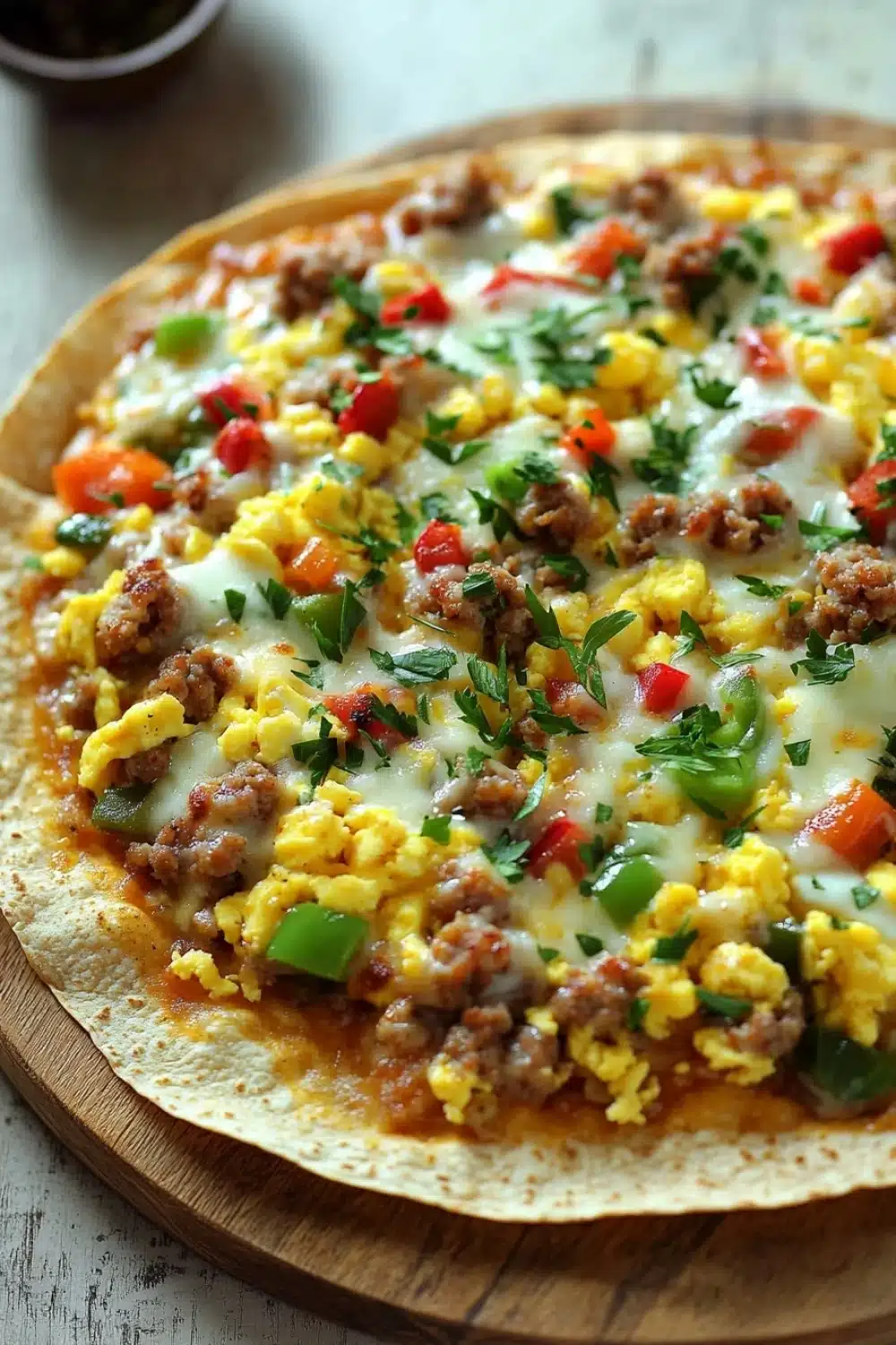 Deep dish breakfast pizza with tortillas - the image shows a flatbread pizza on a wooden cutting board. the pizza is topped with scrambled eggs, sausage, red bell peppers, and green onions. the eggs are yellow and appear to be cooked until they are soft and fluffy. the sausage is browned and appears to be seasoned with herbs and spices. the peppers are bright red and are scattered throughout the pizza. the cheese is melted and bubbly on top. the cutting board is sitting on a white countertop.