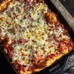 Detroit style pizza in cast iron - the image shows a freshly baked pizza in a black cast iron skillet on a wooden cutting board. the pizza has a golden brown crust and is topped with melted cheese and red sauce. there are also small pieces of meatballs scattered on top of the cheese. the skillet is sitting on a dark wooden table with a white cloth napkin underneath. the background is blurred, but it appears to be a kitchen countertop.