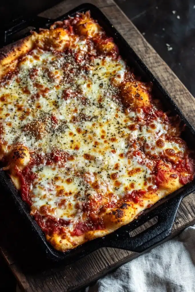 Detroit style pizza in cast iron - the image shows a freshly baked pizza in a black cast iron skillet on a wooden cutting board. the pizza has a golden brown crust and is topped with melted cheese and red sauce. there are also small pieces of meatballs scattered on top of the cheese. the skillet is sitting on a dark wooden table with a white cloth napkin underneath. the background is blurred, but it appears to be a kitchen countertop.