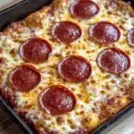 Detroit style pizza in cast iron - the image shows a freshly baked pepperoni pizza in a black baking dish. the pizza is rectangular in shape and has a golden brown crust. it is topped with melted cheese and red pepperoni slices. the dish is sitting on a wooden cutting board. the background is blurred, but it appears to be a kitchen countertop.