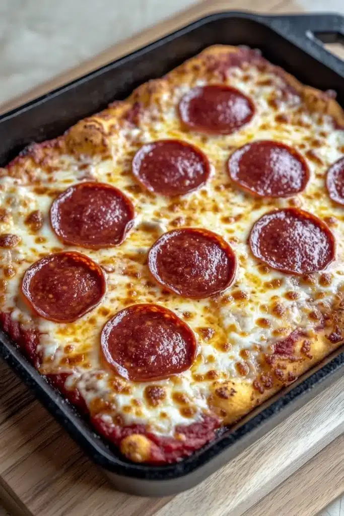 Detroit style pizza in cast iron - the image shows a freshly baked pepperoni pizza in a black baking dish. the pizza is rectangular in shape and has a golden brown crust. it is topped with melted cheese and red pepperoni slices. the dish is sitting on a wooden cutting board. the background is blurred, but it appears to be a kitchen countertop.