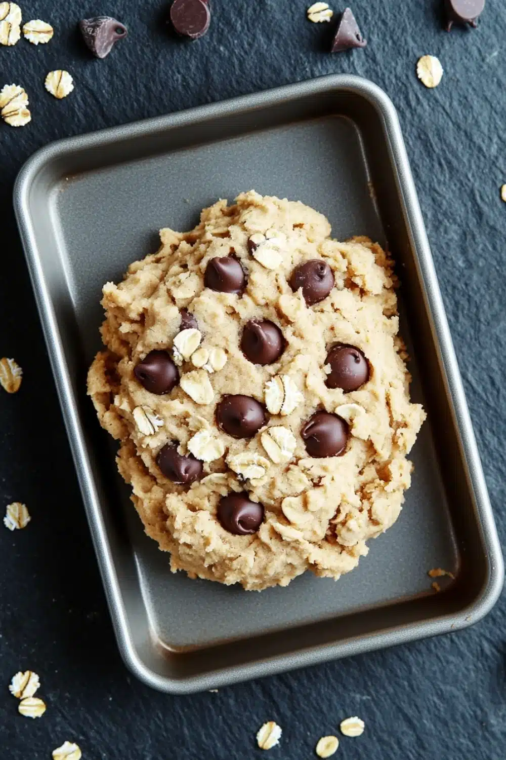 Edible cookie dough with oatmeal - the image shows a freshly baked cookie in a metal baking tray. the cookie appears to be oatmeal raisin cookies with chocolate chips scattered throughout. the tray is placed on a dark blue textured surface with scattered walnuts around it. there are also a few pieces of chocolate scattered around the tray, adding a pop of color to the image.