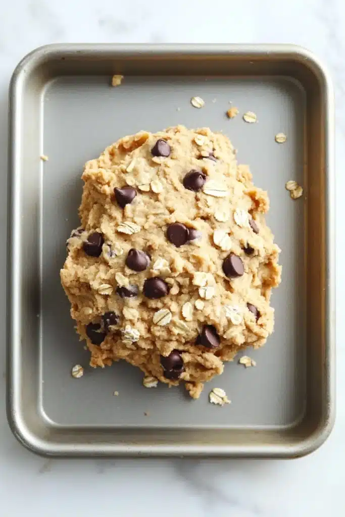 Edible cookie dough with oatmeal - the image shows a single cookie on a baking tray. the cookie appears to be freshly baked and has a golden brown color. it is topped with chocolate chips and oats, giving it a crunchy texture. the tray is lined with parchment paper and there are scattered oats around the cookie. the background is a white marble countertop.