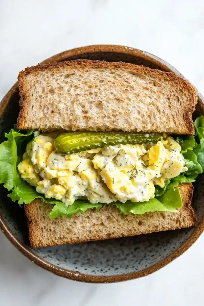 Egg salad sandwich with dill pickles - the image shows a sandwich in a brown ceramic bowl. the sandwich is made with two slices of toasted bread and is filled with a mixture of scrambled eggs, lettuce, and pickles. the eggs are yellow and runny, and the pickles are green. the lettuce is a light green color and appears to be wilted. the bowl is sitting on a white marble countertop.