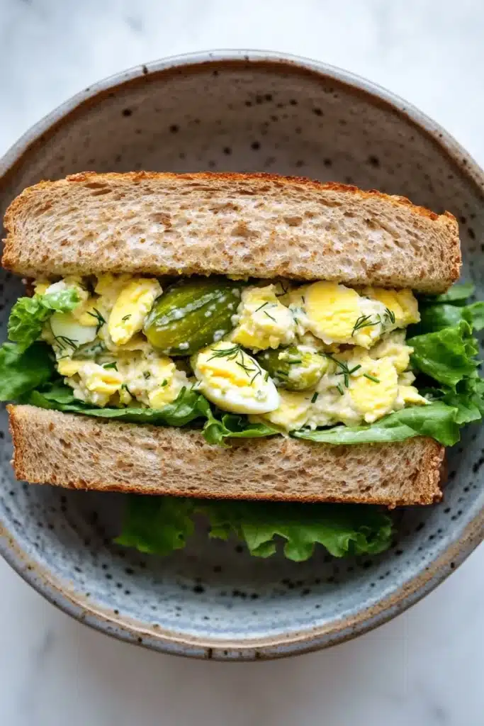 Egg salad sandwich with dill pickles - the image shows a sandwich in a brown ceramic bowl. the sandwich is made with two slices of toasted bread and is filled with a mixture of scrambled eggs, pickles, and green lettuce. the eggs are yellow and runny, and the pickles are green. the lettuce is a mix of green and yellow, and there is a sprinkle of dill on top. the bowl is sitting on a white marble countertop.