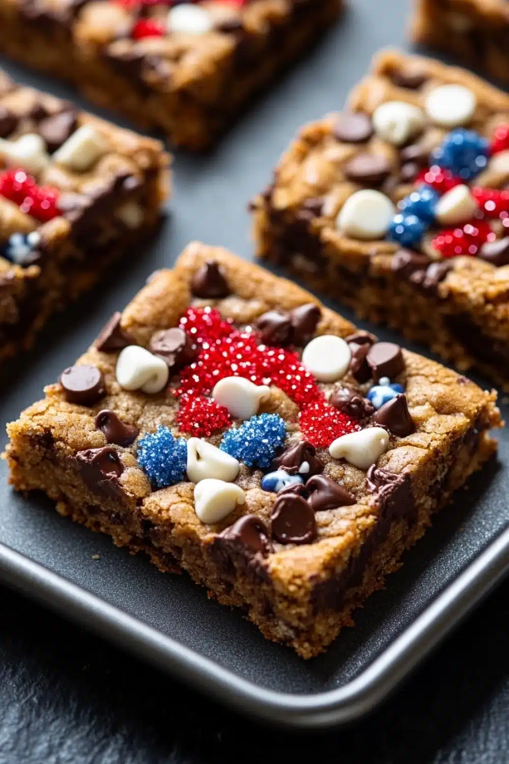 Fourth of july cookie bar - the image shows a tray of freshly baked brownies on a black countertop. the brownies are rectangular in shape and have a golden brown color. they are topped with chocolate chips, red, white, and blue sprinkles. the sprinkles are arranged in a circular pattern on top of the brownies. the tray is lined with parchment paper. the background is blurred, but it appears to be a kitchen countertop with more brownies scattered around.