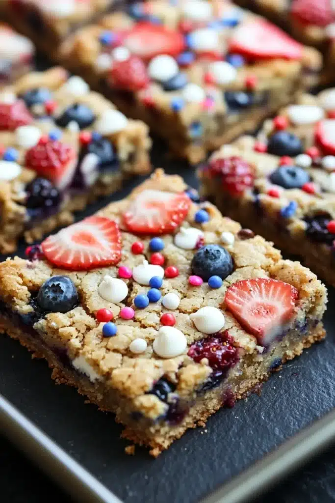 Fourth of july cookie bar - the image shows a tray of freshly baked granola bars. the bars are golden brown and have a crumbly texture. they are topped with fresh strawberries, blueberries, and white chocolate chips. the berries are arranged in a circular pattern on top of the bars, creating a colorful and appetizing display. the tray is lined with parchment paper, and the background is dark, making the bars stand out.