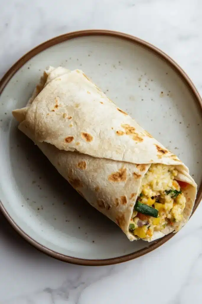 Freezer breakfast burritos with veggies - the image shows a tortilla wrap on a white marble plate. the wrap is rolled up and appears to be freshly made. it is filled with a mixture of scrambled eggs, vegetables, and herbs. the plate is round and has a light brown rim. the background is blurred, but it seems to be a kitchen countertop.