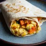Freezer breakfast burritos with veggies - the image shows a rolled up tortilla on a blue plate. the tortilla is golden brown and appears to be freshly made. inside the tortilla, there is a mixture of scrambled eggs, diced vegetables, and other ingredients. the vegetables include carrots, bell peppers, and onions. the plate is sitting on a dark blue tablecloth.