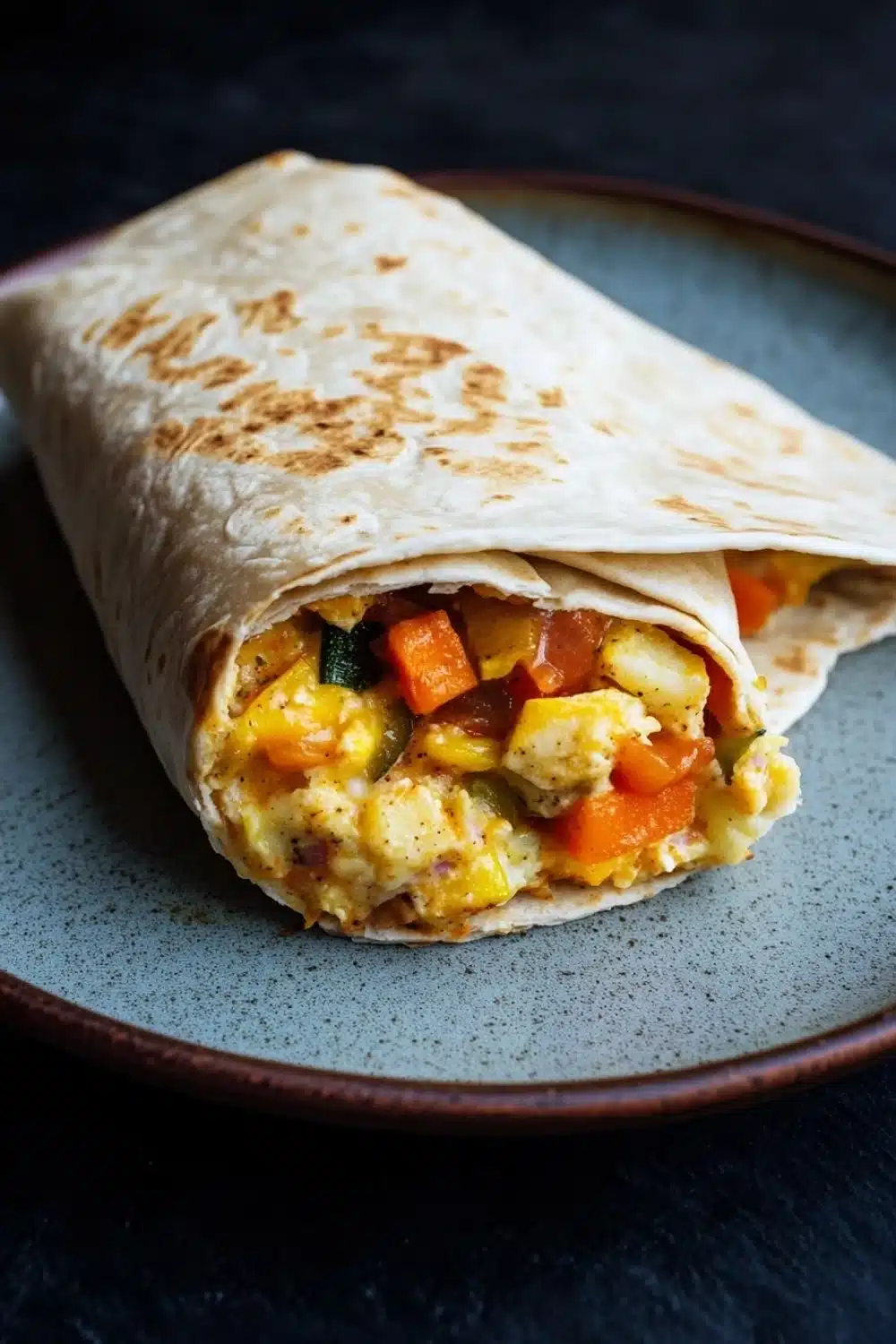 Freezer breakfast burritos with veggies - the image shows a rolled up tortilla on a blue plate. the tortilla is golden brown and appears to be freshly made. inside the tortilla, there is a mixture of scrambled eggs, diced vegetables, and other ingredients. the vegetables include carrots, bell peppers, and onions. the plate is sitting on a dark blue tablecloth.