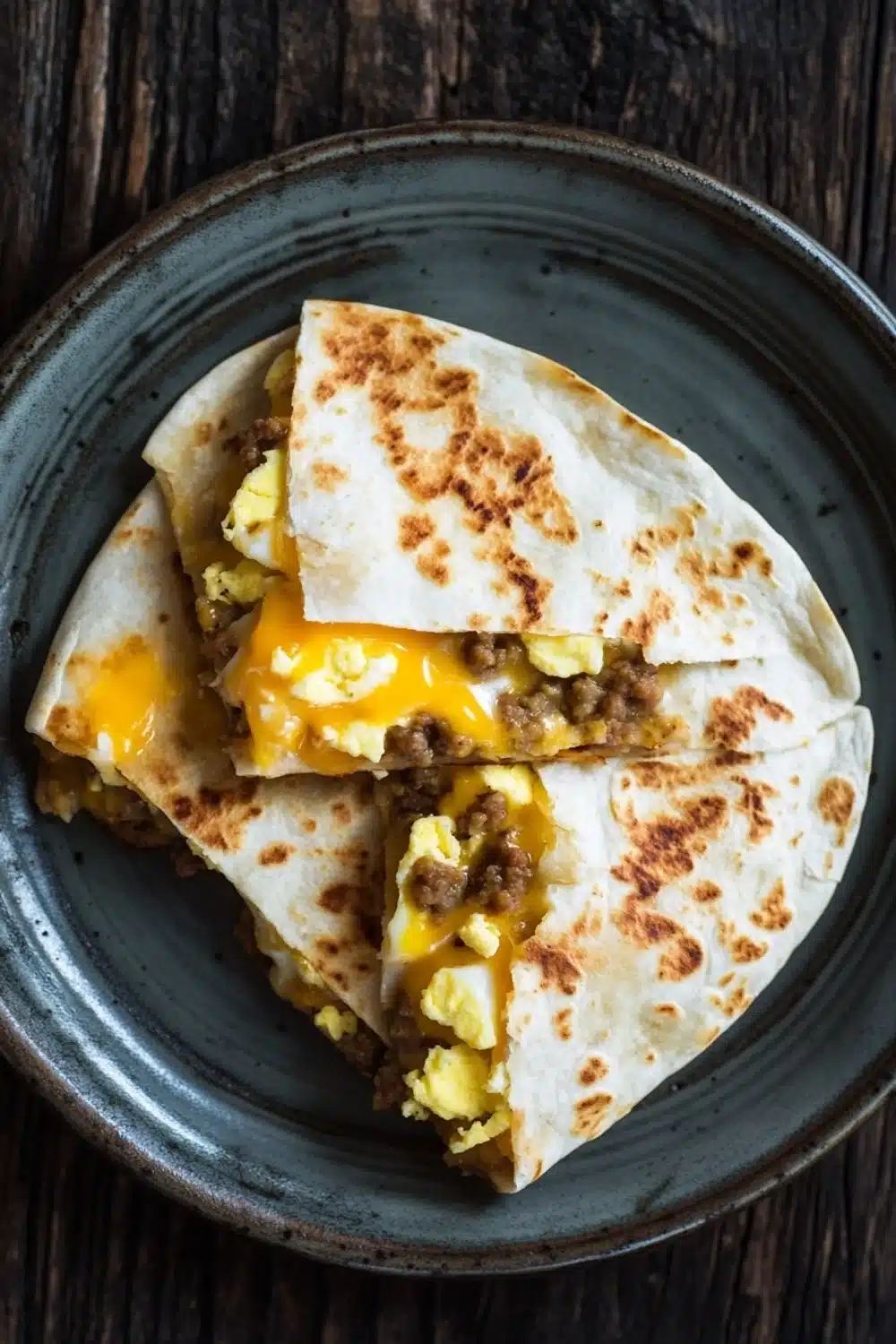 Freezer breakfast quesadilla - the image shows a stack of three quesadillas on a dark blue plate. the quesads are golden brown and appear to be freshly cooked. they are stacked on top of each other, with the top one slightly overlapping the bottom one. the top one is filled with scrambled eggs, sausage, and other ingredients. the plate is sitting on a wooden table.
