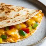 Freezer breakfast quesadilla - the image shows a quesadilla on a gray plate with a white speckled rim. the tortilla is golden brown and appears to be freshly cooked. it is filled with a mixture of yellow cheese, red and green bell peppers, and other vegetables. the cheese is melted and bubbly, and the vegetables are arranged in a circular pattern around the edges of the tortilla. the plate is sitting on a white marble countertop.