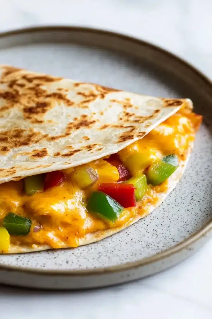 Freezer breakfast quesadilla - the image shows a quesadilla on a gray plate with a white speckled rim. the tortilla is golden brown and appears to be freshly cooked. it is filled with a mixture of yellow cheese, red and green bell peppers, and other vegetables. the cheese is melted and bubbly, and the vegetables are arranged in a circular pattern around the edges of the tortilla. the plate is sitting on a white marble countertop.
