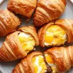 Freezer breakfast sandwiches croissant - the image shows a plate of freshly baked croissants on a white marble countertop. there are six pieces of the croissant arranged in a circular pattern on the plate. each piece is filled with a mixture of scrambled eggs, sausage, and cheese. the eggs are cooked sunny-side up, with the yolks still intact. the plate is light blue in color and has a textured surface.
