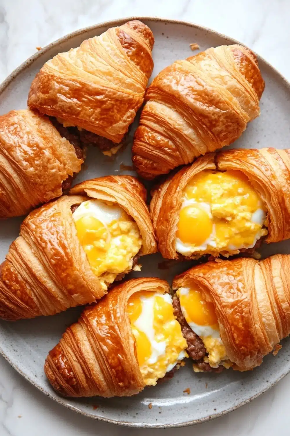Freezer breakfast sandwiches croissant - the image shows a plate of freshly baked croissants on a white marble countertop. there are six pieces of the croissant arranged in a circular pattern on the plate. each piece is filled with a mixture of scrambled eggs, sausage, and cheese. the eggs are cooked sunny-side up, with the yolks still intact. the plate is light blue in color and has a textured surface.
