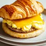 Freezer breakfast sandwiches croissant - the image shows a breakfast sandwich on a white plate. the sandwich is made with a croissant, which is golden brown and appears to be freshly baked. on top of the sandwich, there is a layer of scrambled eggs, which are yellow and runny. the eggs are arranged in a circular pattern, with the top layer being slightly larger than the bottom layer. the plate is sitting on a wooden table, and the background is blurred.