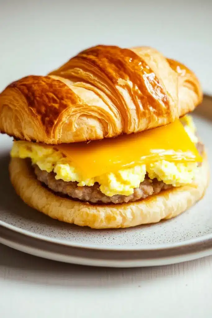 Freezer breakfast sandwiches croissant - the image shows a breakfast sandwich on a white plate. the sandwich is made with a croissant, which is golden brown and appears to be freshly baked. on top of the sandwich, there is a layer of scrambled eggs, which are yellow and runny. the eggs are arranged in a circular pattern, with the top layer being slightly larger than the bottom layer. the plate is sitting on a wooden table, and the background is blurred.