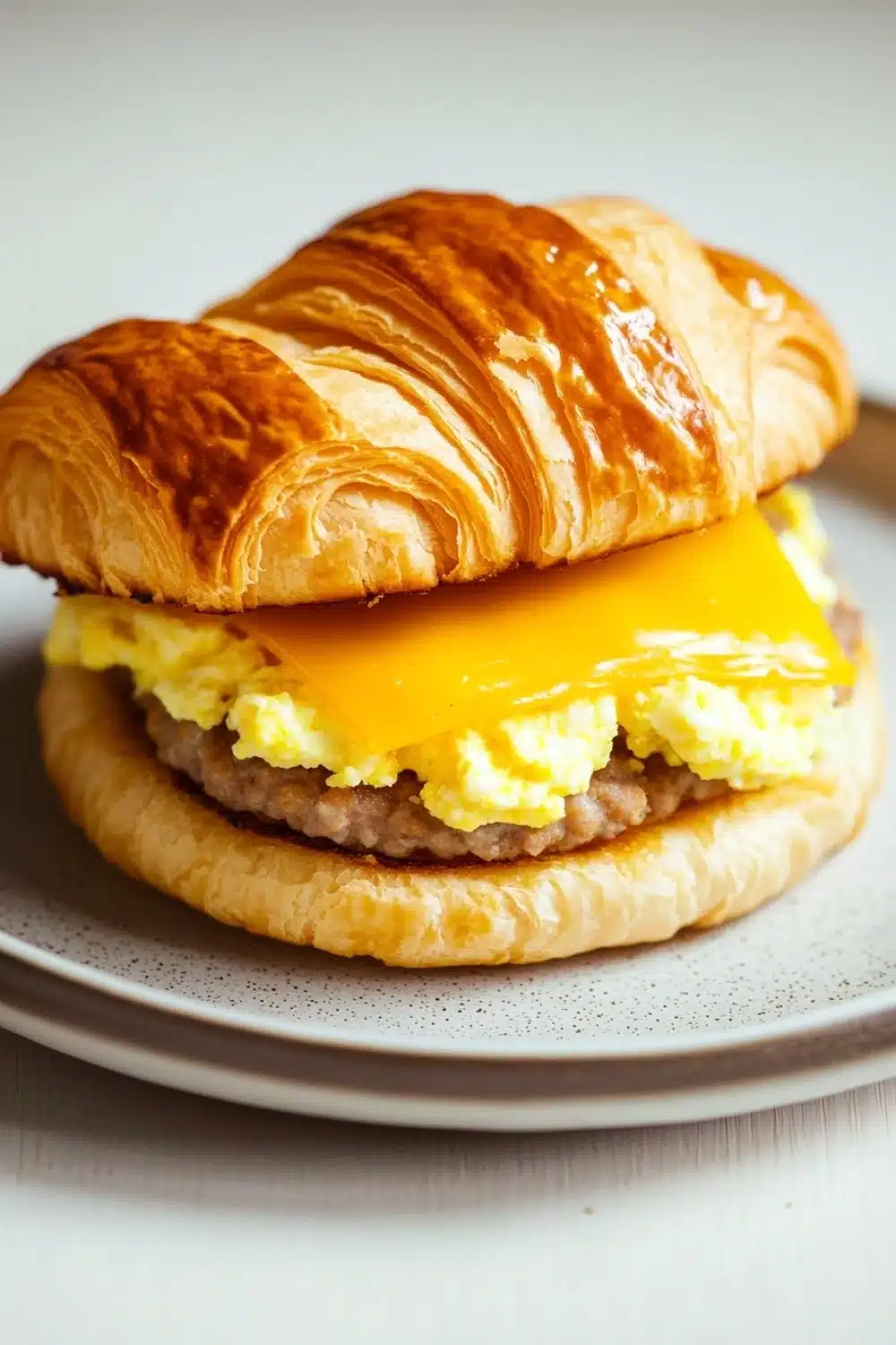 Freezer breakfast sandwiches croissant - the image shows a breakfast sandwich on a white plate. the sandwich is made with a croissant, which is golden brown and appears to be freshly baked. on top of the sandwich, there is a layer of scrambled eggs, which are yellow and runny. the eggs are arranged in a circular pattern, with the top layer being slightly larger than the bottom layer. the plate is sitting on a wooden table, and the background is blurred.