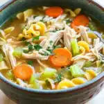 Freezer chicken noodle soup - the image is a close-up of a bowl of soup. the soup appears to be a type of noodle soup with chunks of chicken, carrots, celery, and other vegetables mixed in. the bowl is made of ceramic and has a dark blue rim. the broth is a light brown color and looks thick and creamy. there are also some chopped herbs and spices scattered throughout the soup, adding a pop of green color to the dish. the background is a wooden table, and the bowl is sitting on a white surface.
