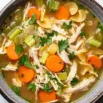 Freezer chicken noodle soup - the image is a close-up of a bowl of soup. the soup appears to be a type of chicken noodle soup, with chunks of chicken, carrots, celery, and noodles visible in the broth. the broth is a light brown color and is garnished with fresh parsley. the bowl is made of ceramic and has a dark brown rim. the background is a white marble countertop.