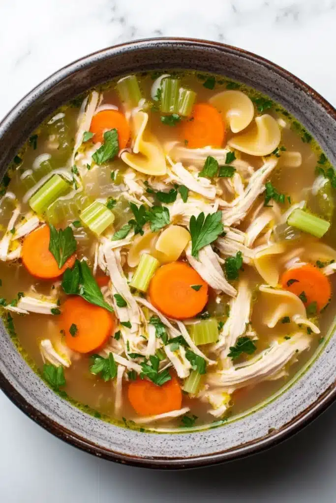 Freezer chicken noodle soup - the image is a close-up of a bowl of soup. the soup appears to be a type of chicken noodle soup, with chunks of chicken, carrots, celery, and noodles visible in the broth. the broth is a light brown color and is garnished with fresh parsley. the bowl is made of ceramic and has a dark brown rim. the background is a white marble countertop.